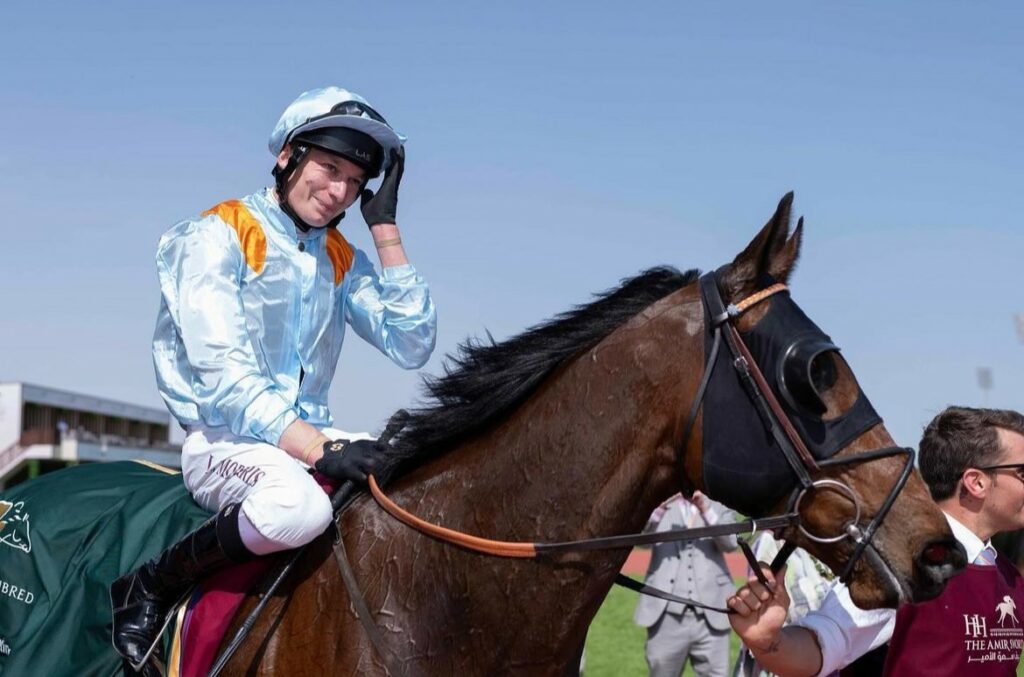 Brave Emperor and Luke Morris after victory in the Group 2 Irish Thoroughbred Marketing Cup in Qatar.