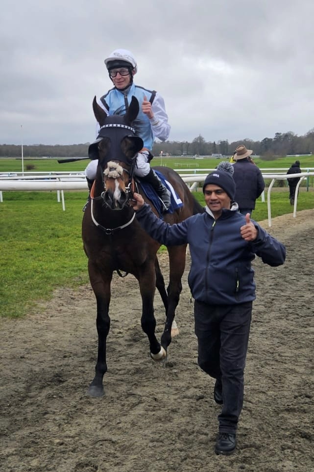 Kylian after winning at Lingfield under Luke Morris on New Year's Eve