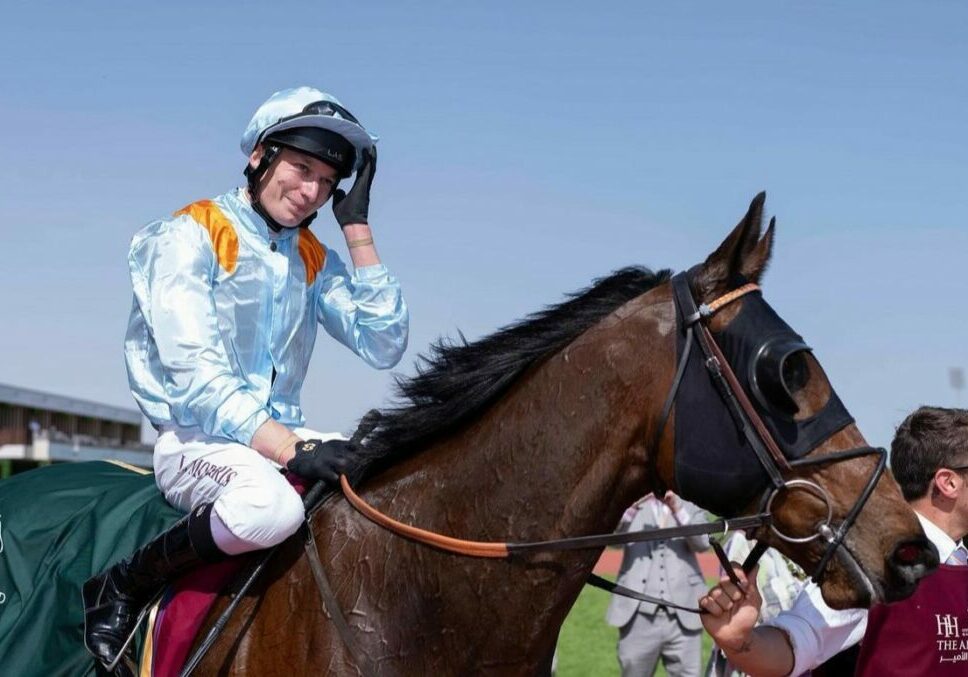 Brave Emperor and Luke Morris after victory in the Group 2 Irish Thoroughbred Marketing Cup in Qatar.