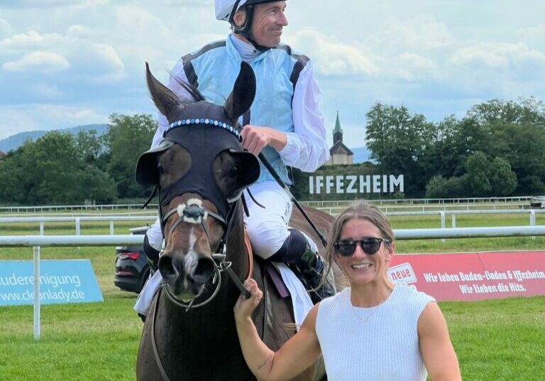 Kylian Baden Baden Kylian after winning the Listed Silberne Peitsche at Baden-Baden under Adrie de Vries